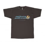 A dark gray T-shirt decorated with the words "mud-luscious & puddle-wonderful" in blue and orange text.