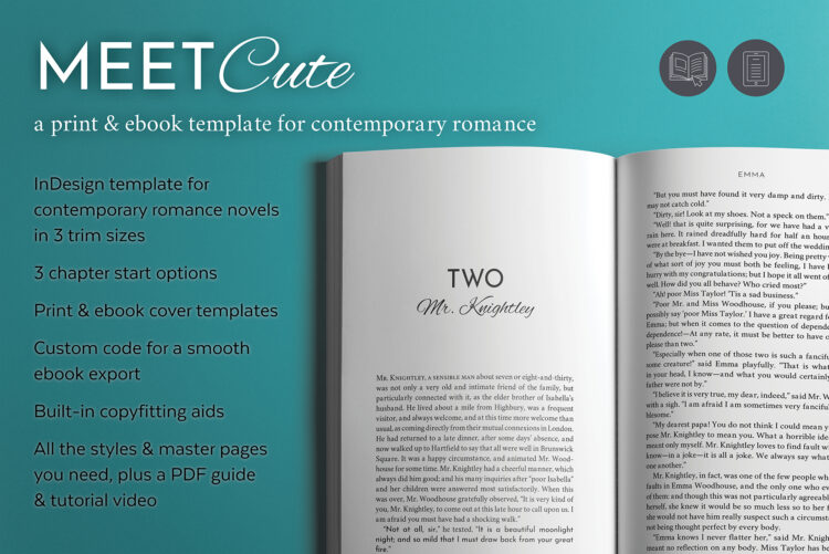 InDesign template for contemporary romance novels in 3 trim sizes. 3 chapter start options. Print & ebook cover templates. Custom code for a smooth ebook export. Built-in copyfitting aids. All the styles & master pages you need, plus a PDF instruction guide and a tutorial video.