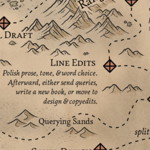 Line Edit Foothills map: Polish prose, tone, & word choice. Afterward, either send queries, write a new book, or move to design & copyedits.