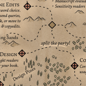 Self-publishing map: Split the party to take care of both book design and copyediting quests at the same time.