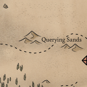 A fantasy-style map zoomed in on some desert dunes that are labeled "Querying Sands."