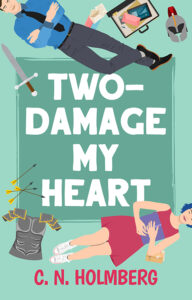Swords, armor, and other trappings of live-action role-play. A woman with blue-dyed hair and a man wearing business clothes. The cover of Two-Damage My Heart by C. N. Holmberg.